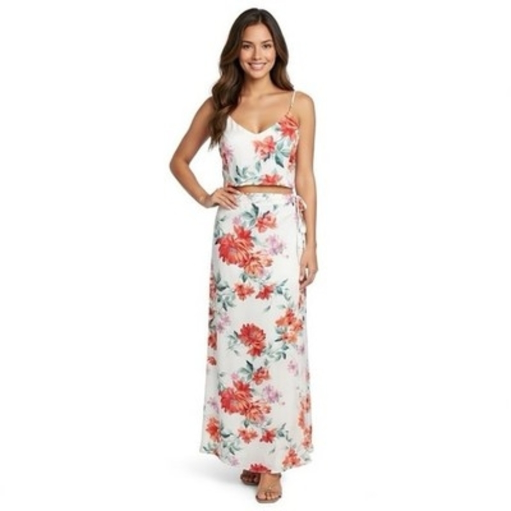 Lulus White Red Pink Floral Two Piece Set Crop Top Maxi Wrap Skirt Size L NWT